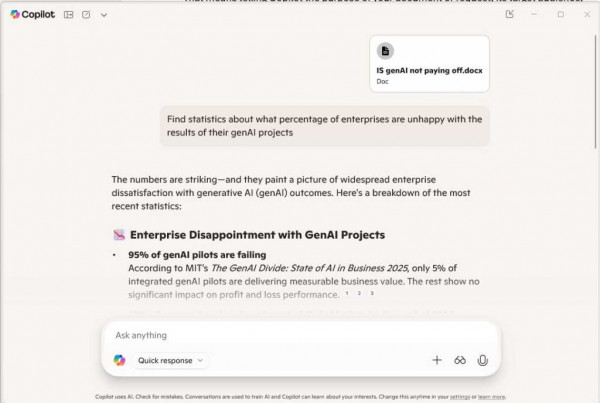copilot screen showing result and source document