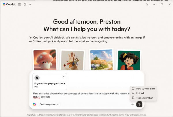 copilot screen - uploading a document to use as source