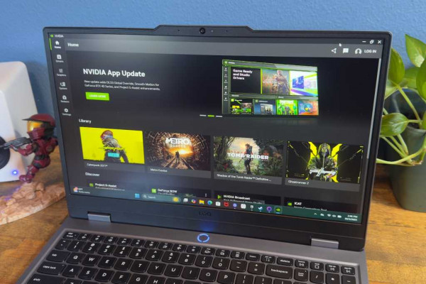 Lenovo LOQ 15 gaming laptop with Nvidia App on screen