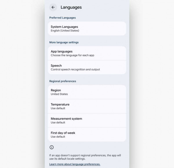 languages screen in android 16 settings including regional preferences
