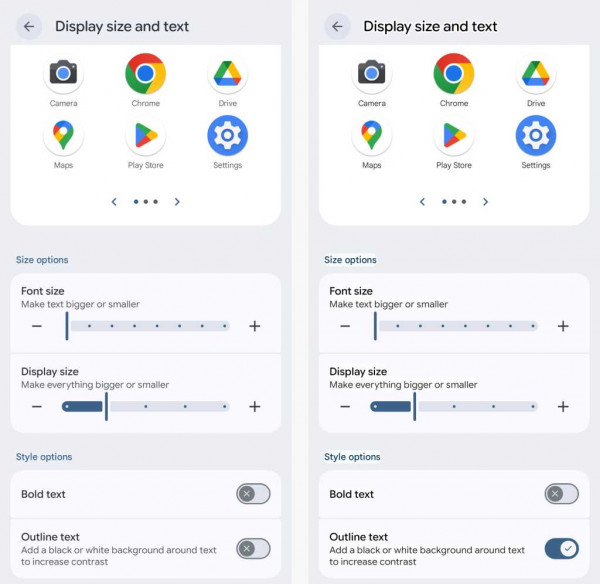 display size and text screen on pixel phone with outline text option
