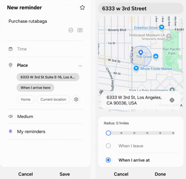 reminders screen on samsung galaxy phone showing location based reminder