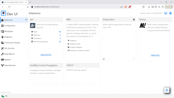 A screenshot of the Quarkus DevUI showing features and capabilities.