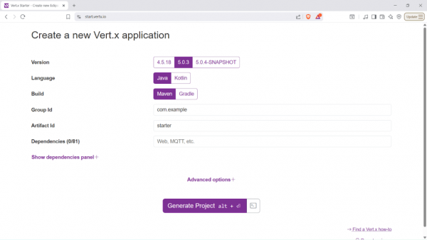 The dev UI to create a new application in Vert.x.