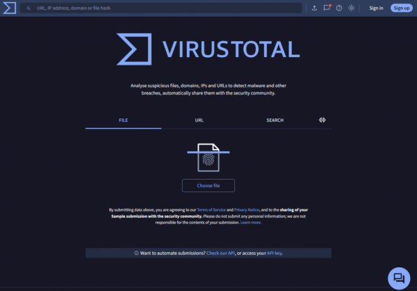 VirusTotal main page (Nov 2025)