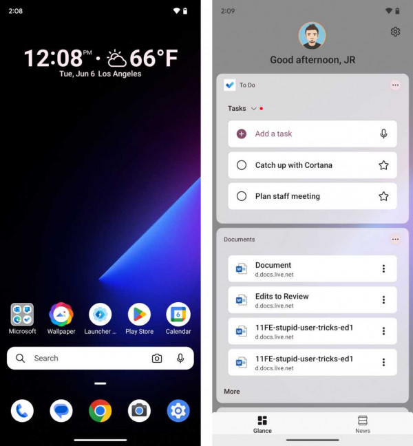 microsoft launcher in android - home screen and to do and documents list