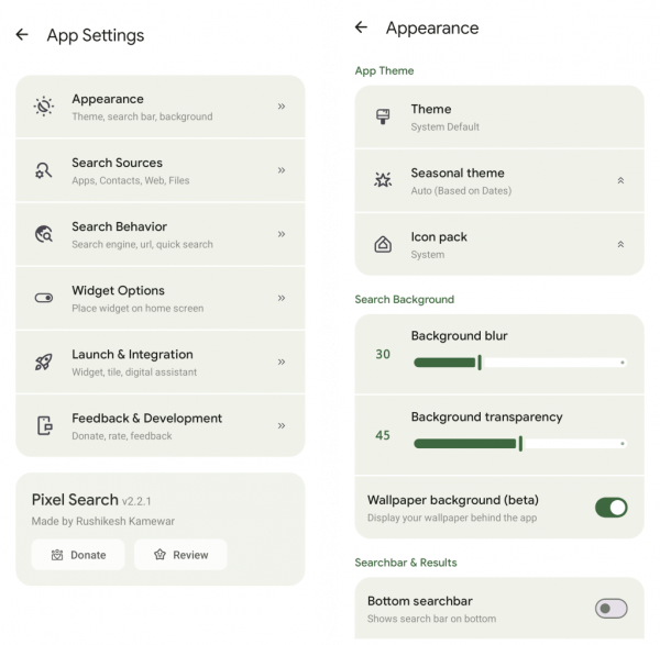 Pixel Search - Android search settings