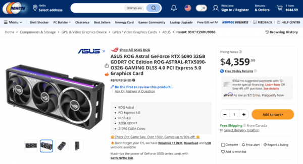 Newegg Asus RTX 5090 graphics card store page
