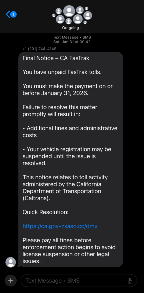 Scam toll text message iOS