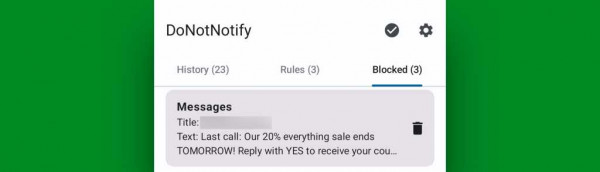 Android notification blocking — DoNotNotify: Blocked list