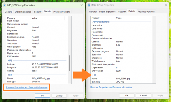 GPS data info in File Properties (and what it looks like when removed)