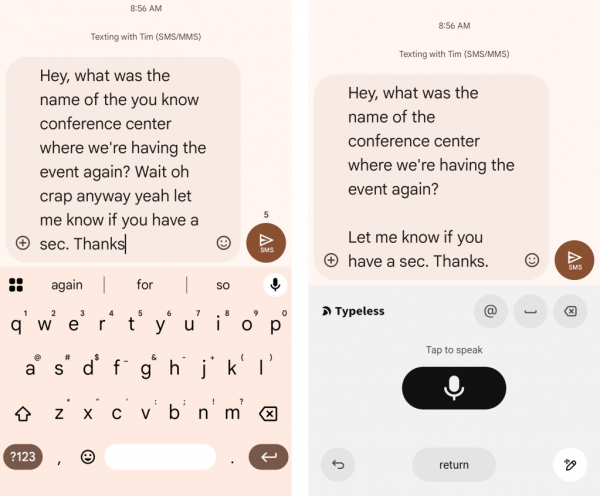 Android voice typing: Gboard vs. Typeless (3)