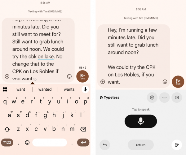 Android voice typing: Gboard vs. Typeless (2)