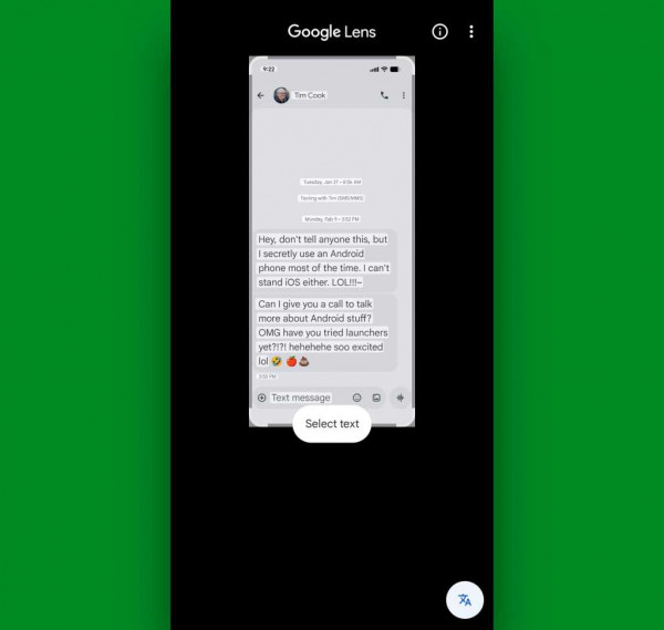 Android Google Messages — select text: Google Lens