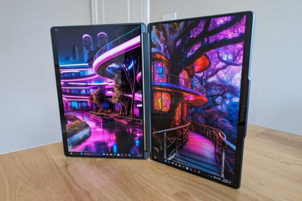 Lenovo Yoga Book 9i dual-display laptop in portrait orientation