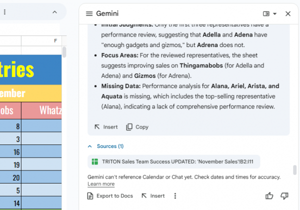 gemini sidebar in google sheets showing sources used to generate an analysis of the spreadsheet