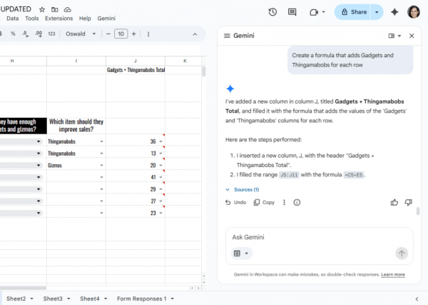 google sheets spreadsheet with new column - gemini sidebar is open to right with explanation of steps gemini took to add and fill in the column