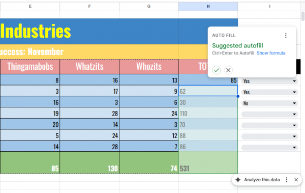 google sheets with autofill suggestion based on gemini analysis