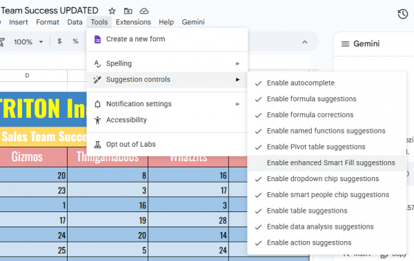 google sheets with menu sequence to turn off enhanced smart fill suggestions