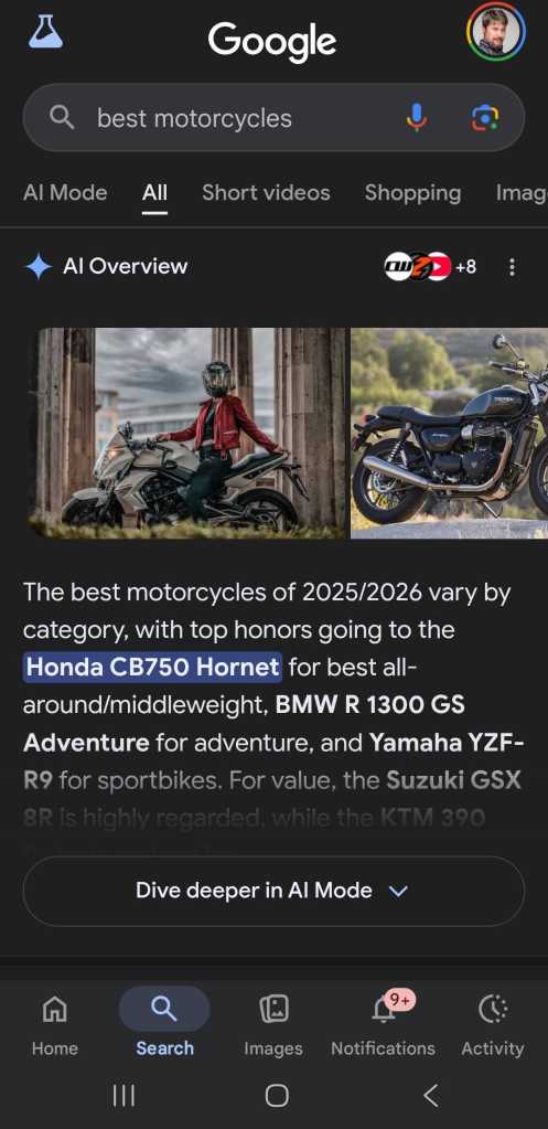 Google search for motorcycles on mobile