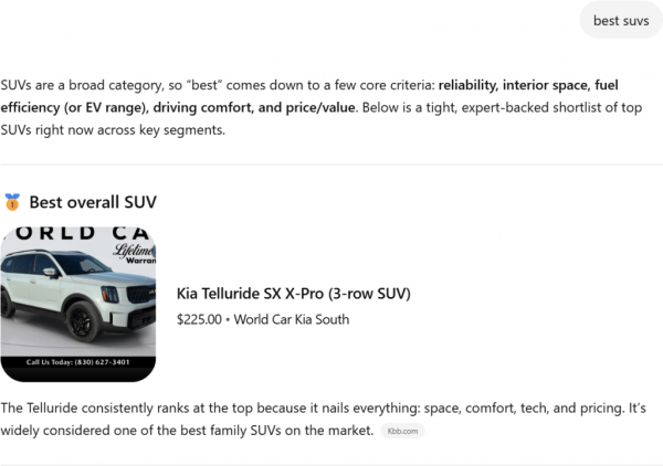 KBB.com doesn’t list a single “best overall” SUV. It names six, broken down into categories like “best two-row SUV” and “best subcompact SUV.”