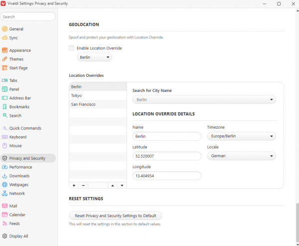 geolocation settings with location override options in vivaldi browser