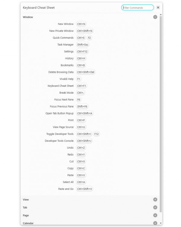 list of keyboard shortcuts in vivaldi browser