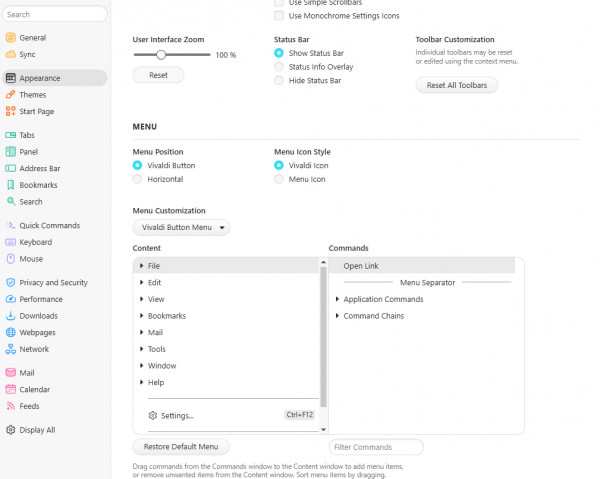 numerous customizable appearance options in vivaldi brower