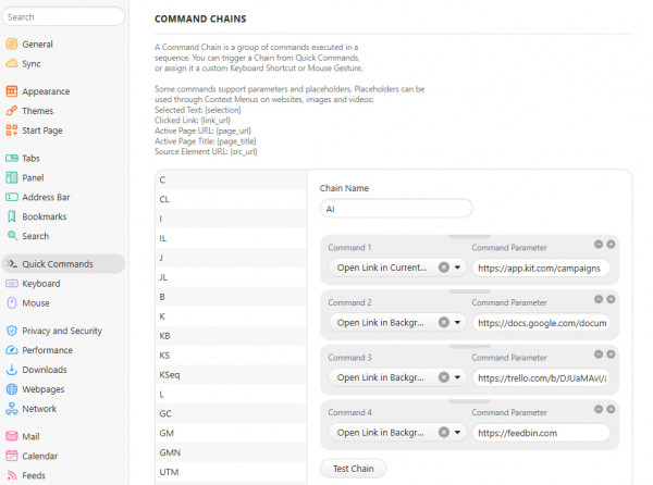 vivaldi browser command chains screen with specified sequence of actions