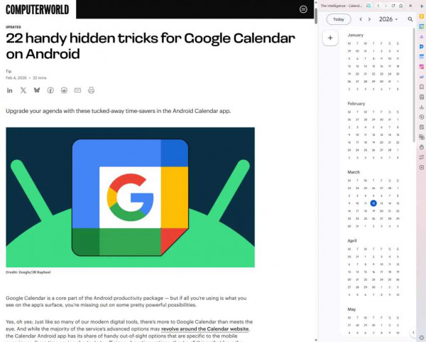 vivaldi browser window with a calendar panel to the right