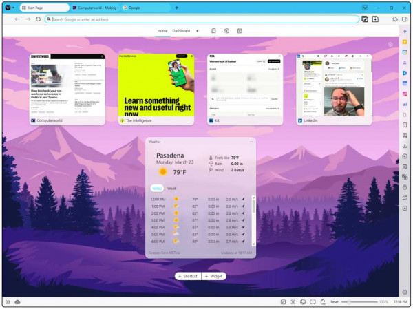 vivaldi browser start page showing four website thumbnails and weather widget