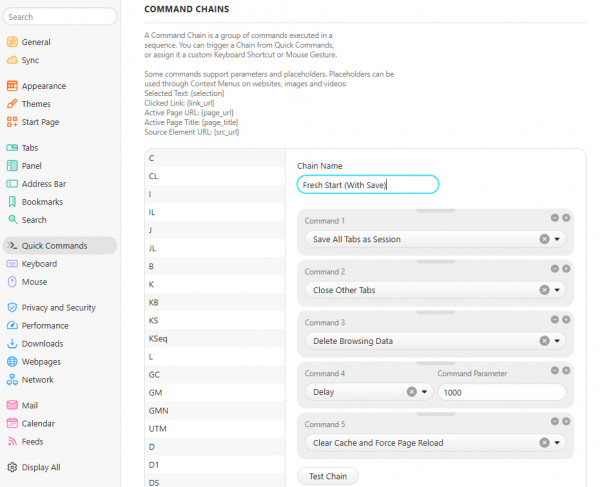 vivaldi browser with command chain for saving tabs, deleting browsing data, clearing cache and reloading page