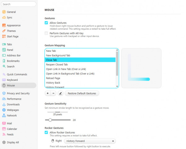 choosing various mouse gesture options in vivaldi