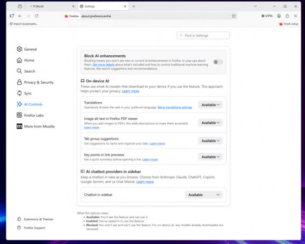 “AI” can be turned on, off, or blocked entirely in Firefox.